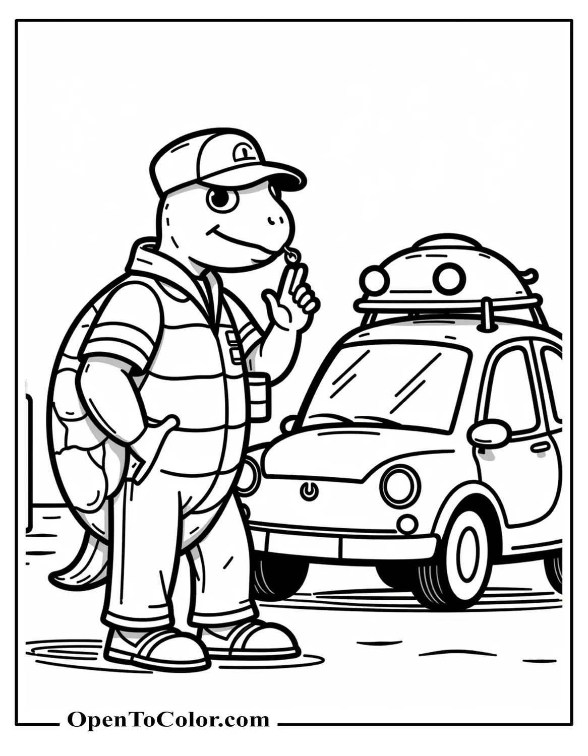Free Coloring Sheet of Turtle Parking Attendant Wearing Cap and Whistle Guiding Tiny Cars