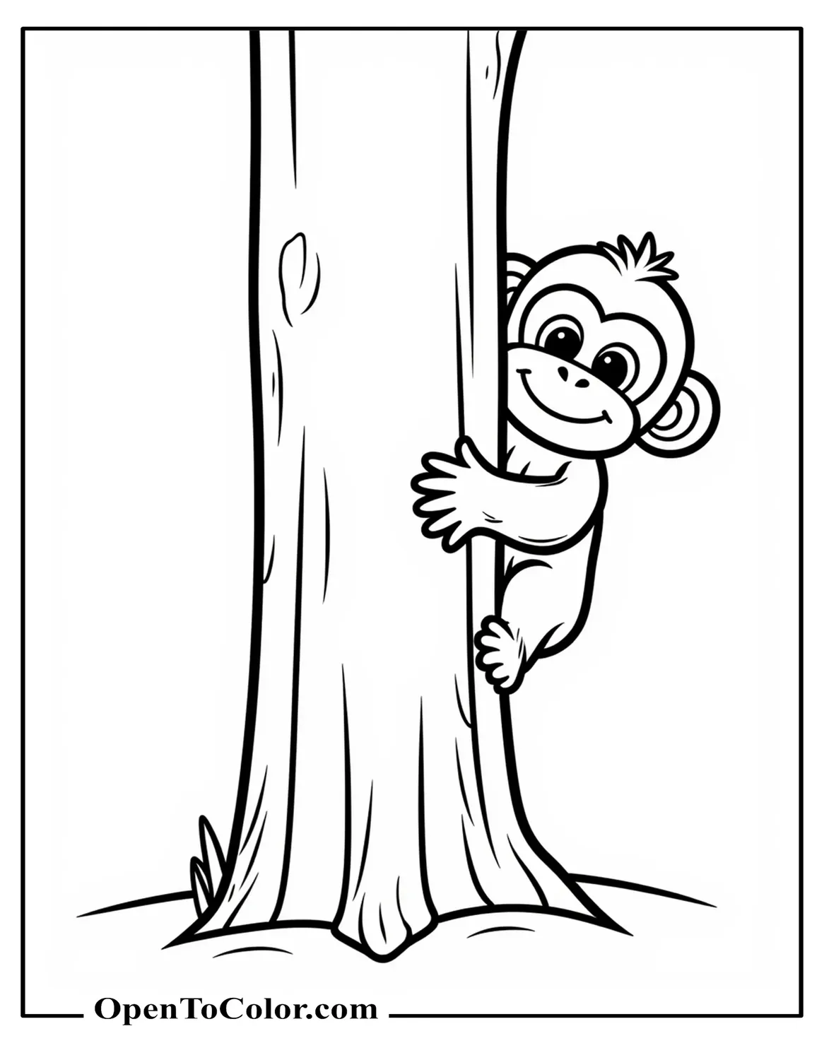 Free Coloring Sheet: Peek-A-Boo Monkey Hiding Behind Thin Tree Trunk