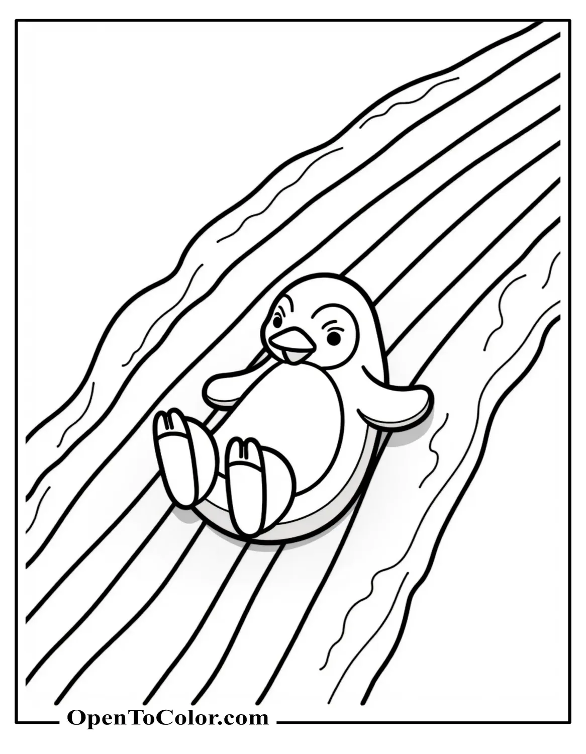 Printable Coloring Page of Penguin Sliding Down Rainbow Slope on Belly, Flippers Out