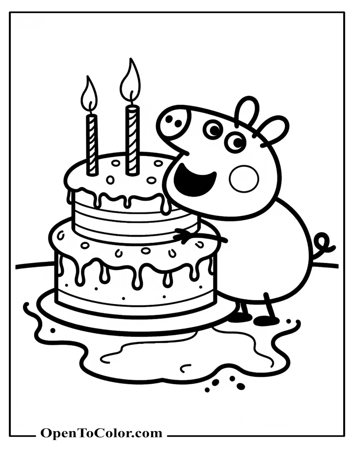 Peppa Pig Hugging Huge Birthday Cake, Muddy Puddle Below, Printable Coloring Page