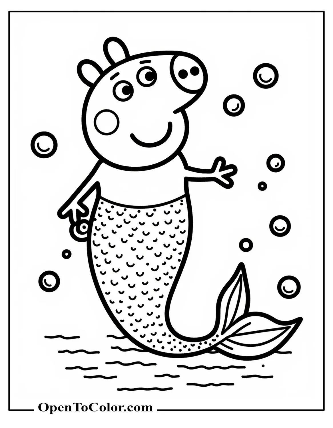 Peppa Pig Mermaid Splashing Near Bubbles Coloring Page PDF