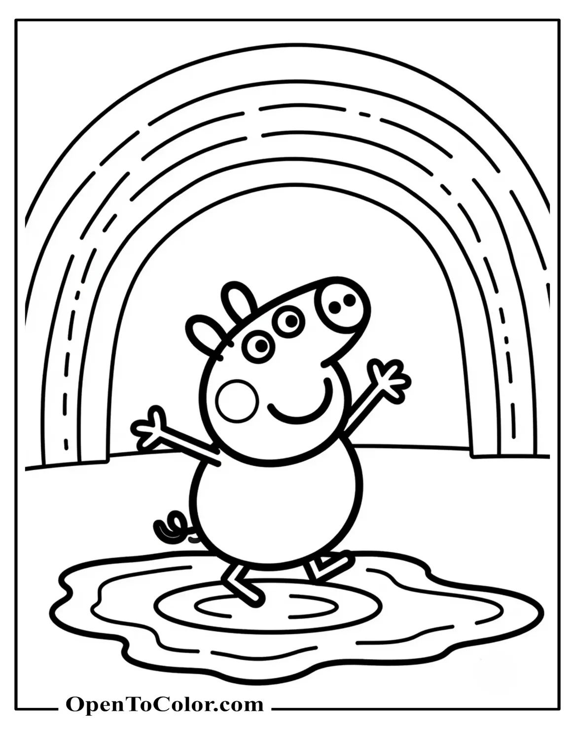 Peppa Pig Jumping In Puddle Beneath Rainbow, Arms Raised, Coloring Page PDF