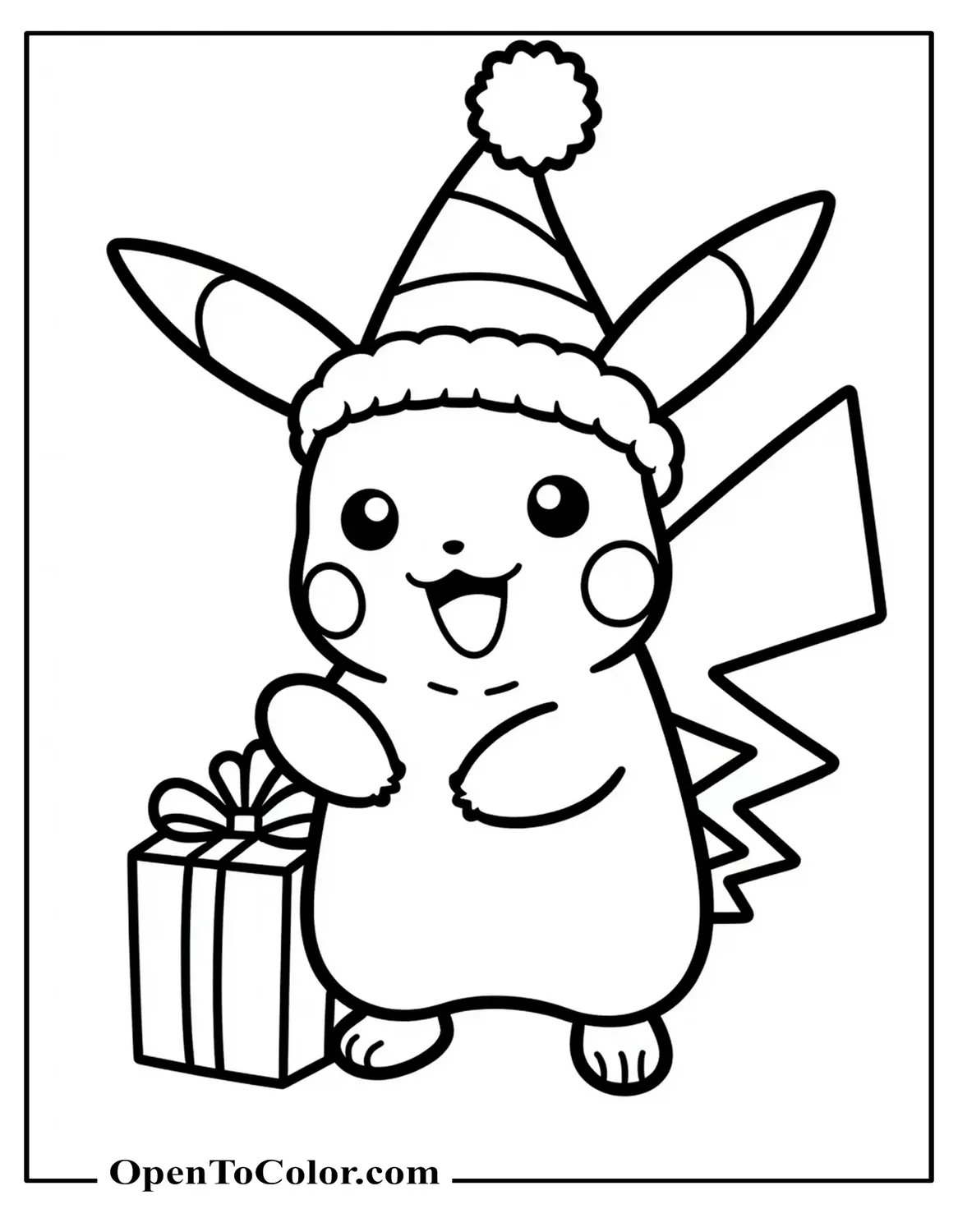 Pikachu wearing festive hat delivering gift bag coloring sheet PDF