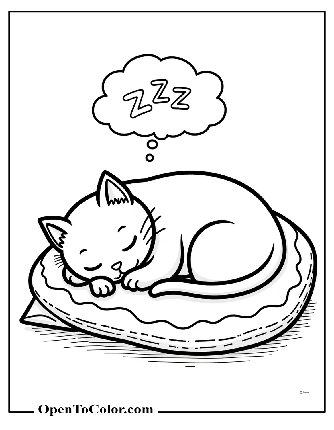 Free Coloring Sheet of a Cat Curled Up on a Pillow with Zzz Letters Above