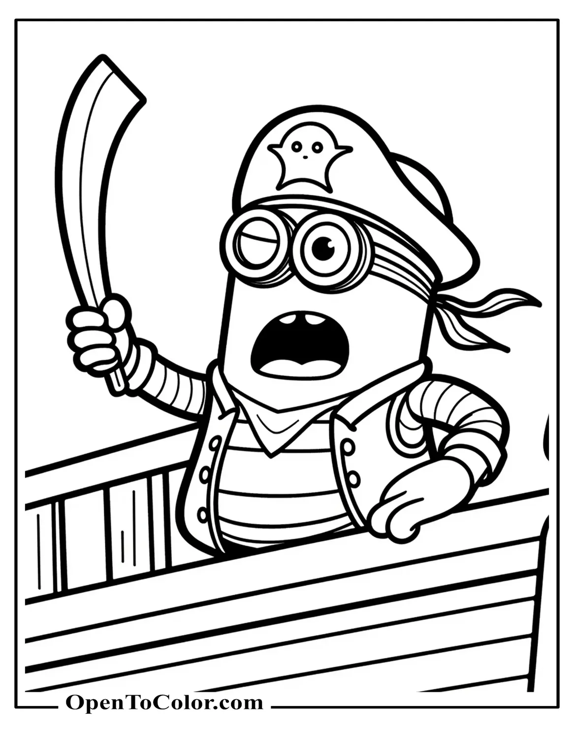 Free Coloring Page of Pirate Minion with Eyepatch and Cutlass Shouting from Ship Deck