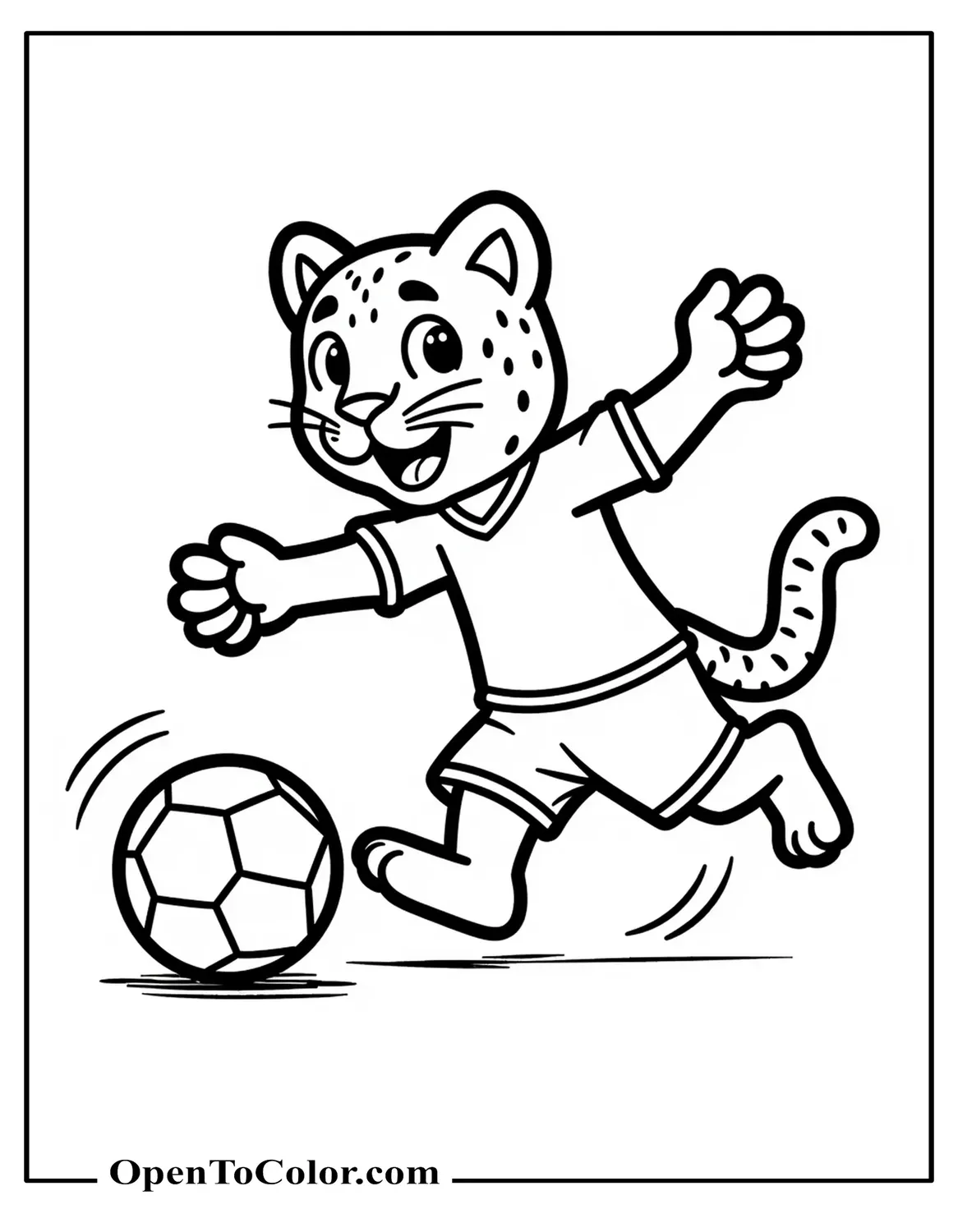 Free Funkopop-Style Playful Jaguar Rolling a Soccer Ball Coloring Page