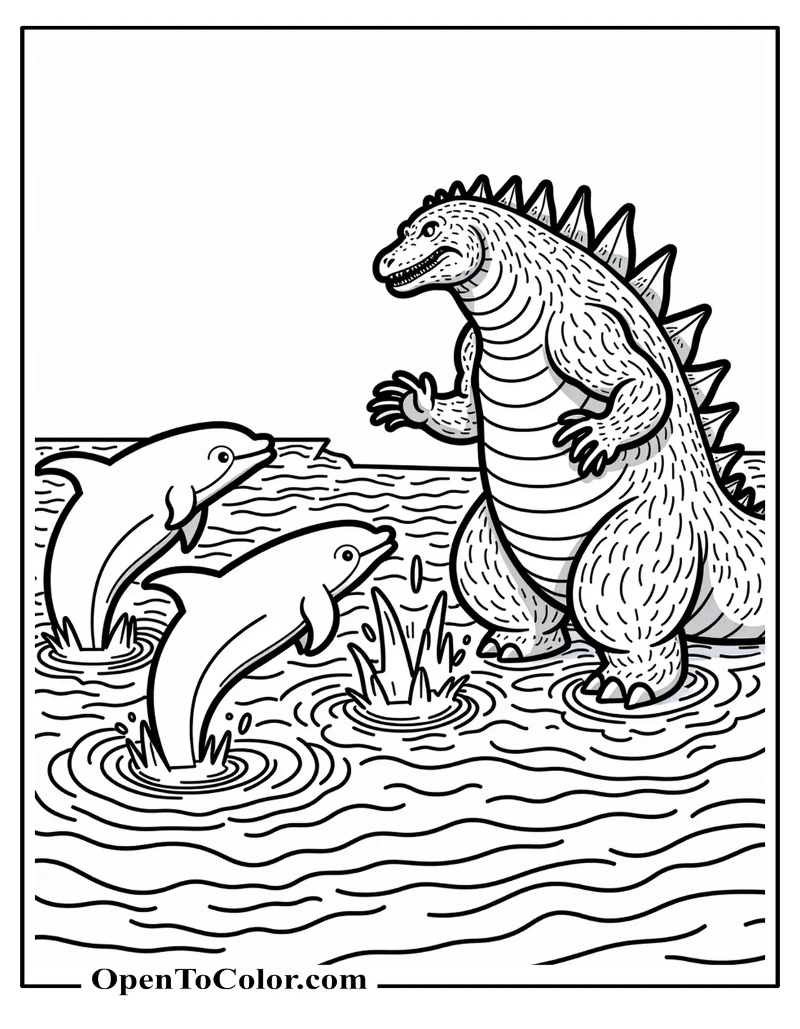 Printable Coloring Page of Playful Godzilla Splashing Water at Dolphins