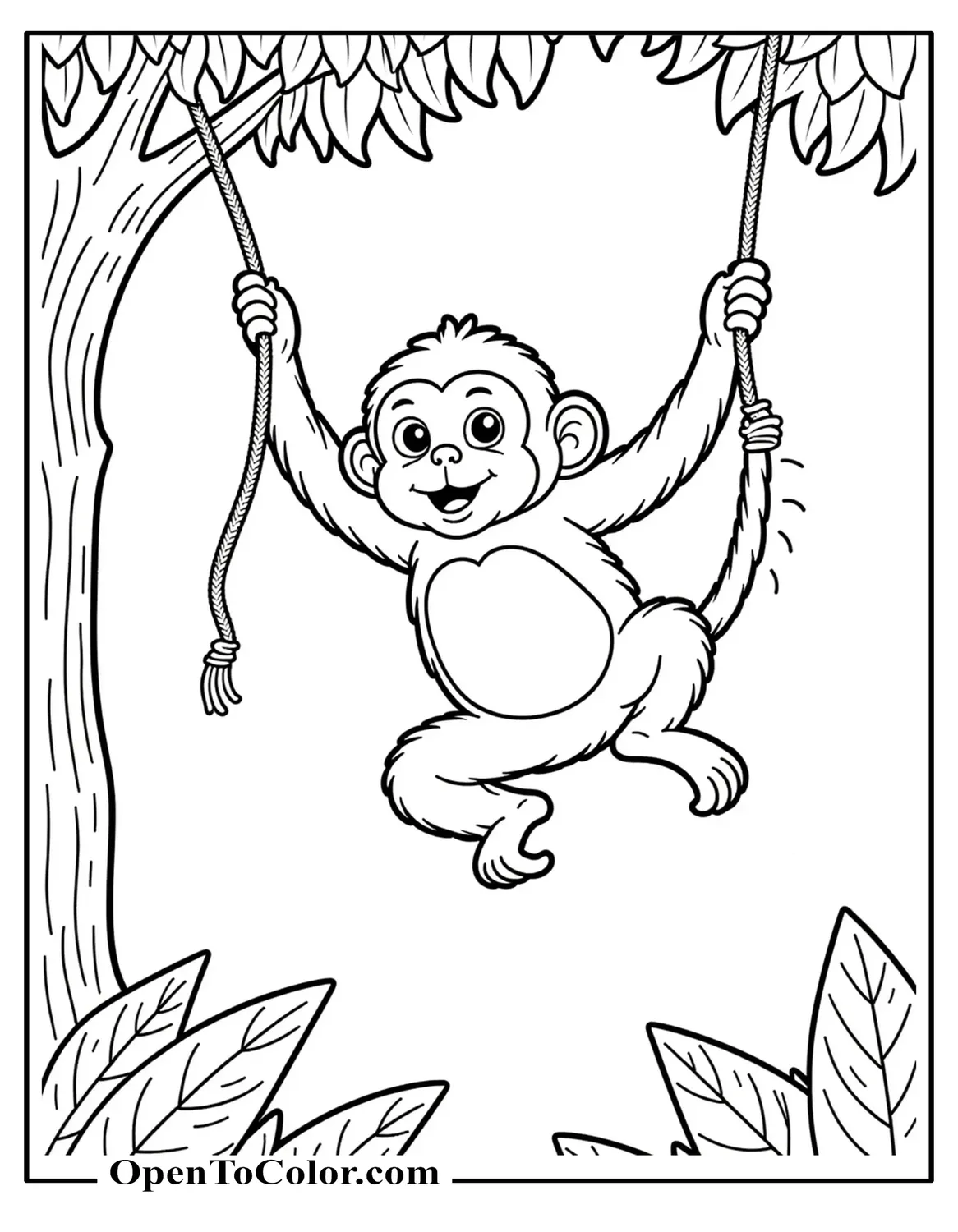 Coloring page PDF of a playful monkey swinging between two jungle vines.