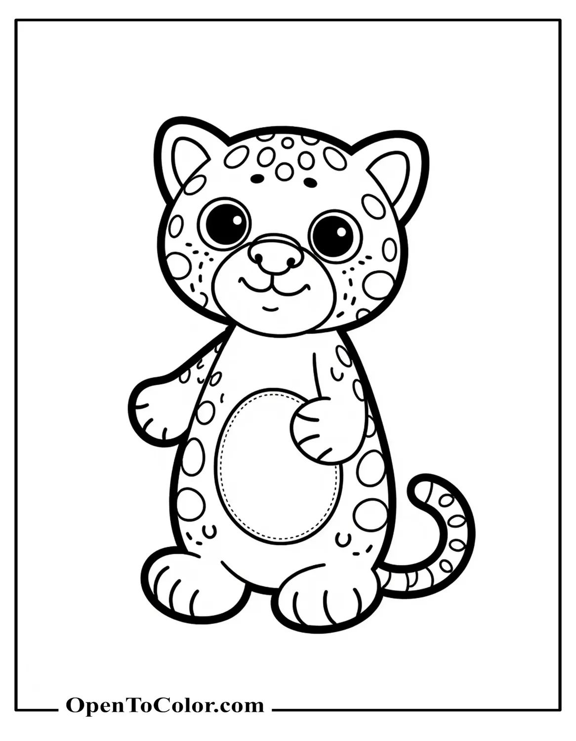 Printable Coloring Page of a Plushie Jaguar with Button Eyes and Stitched Patch on Belly