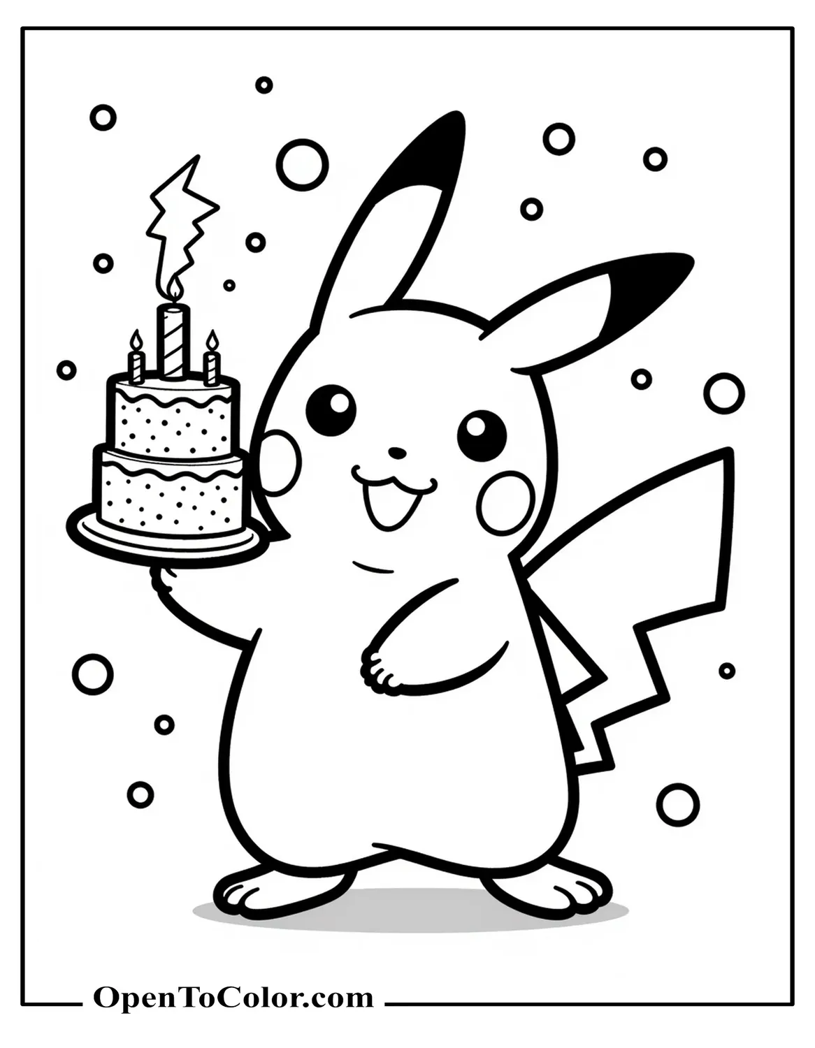 Printable Coloring Sheet of Pikachu Holding Lightning-Bolt Candle Cake, Confetti Bursts