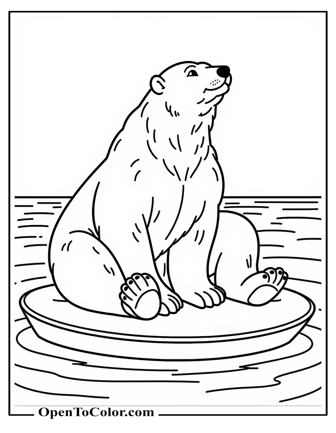 Realistic Polar Bear Coloring Sheet Printable Sitting on an Ice Floe with Gentle Wind Lines