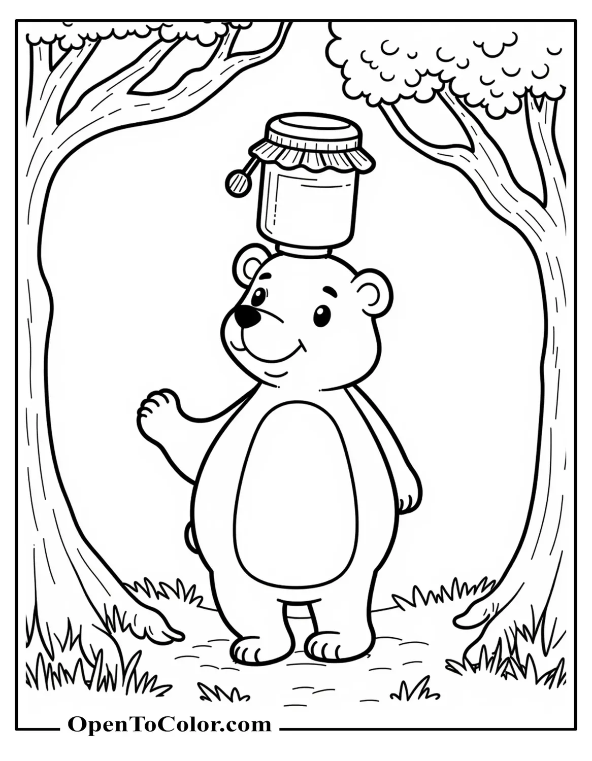 Free Coloring Sheet: Storybook-Style Bear Balancing a Honey Jar on His Head Under a Tree