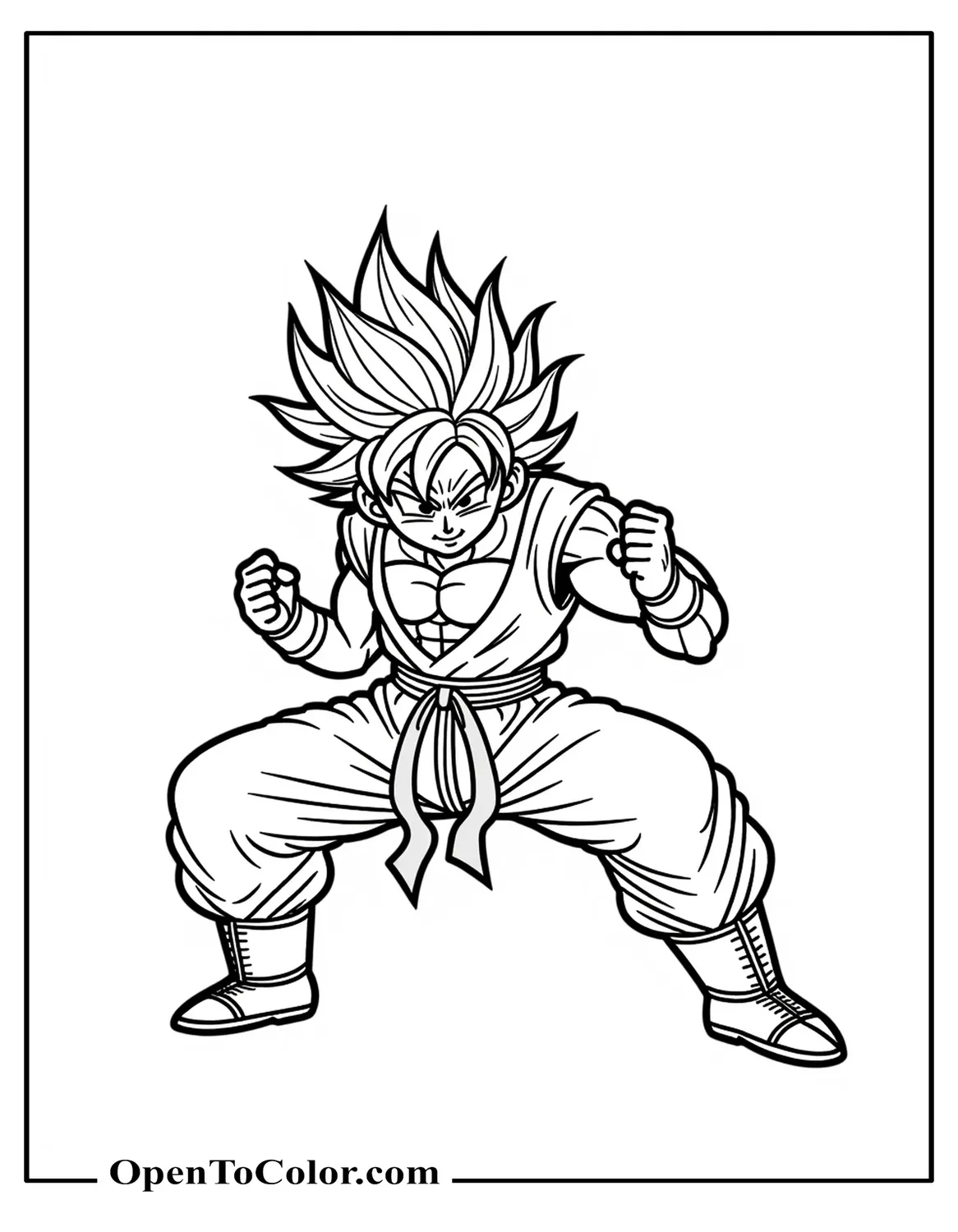 Powerful Goku In Low Fighting Stance, Ripped Muscles Tense, Coloring Page PDF