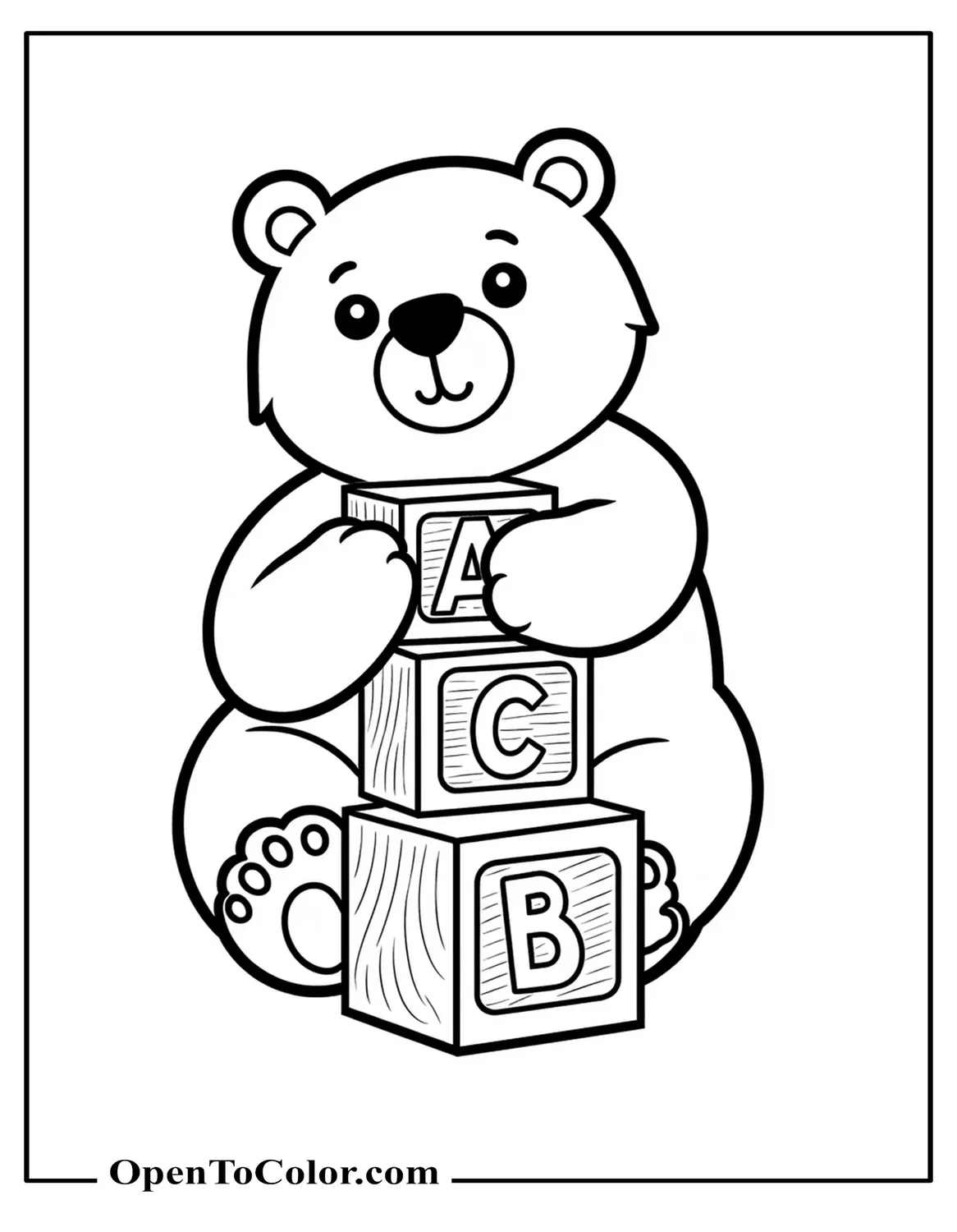 Simple round bear stacking wooden blocks A B C coloring sheet PDF
