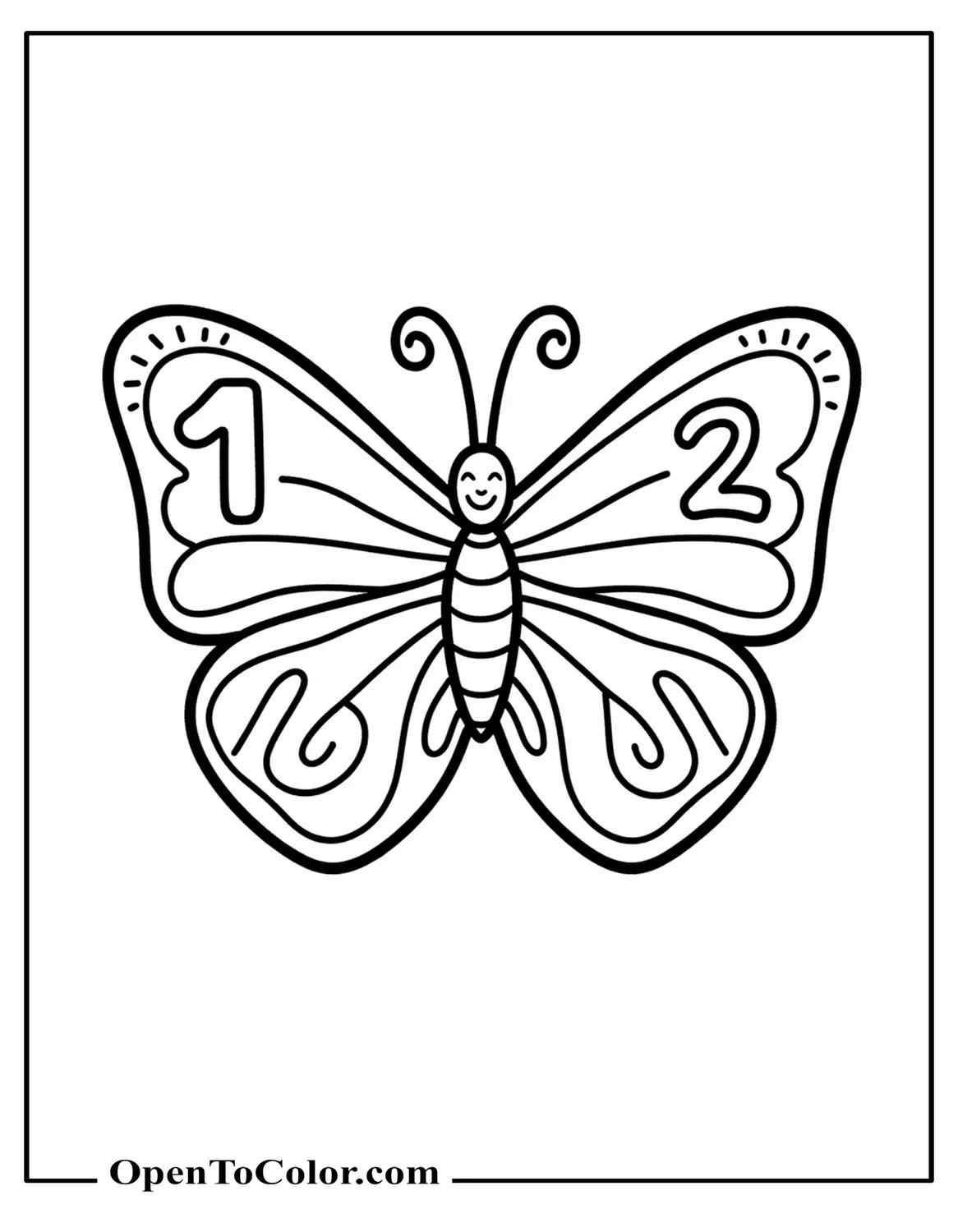 Preschool butterfly coloring page holding printable numbers 1 and 2 on its wings