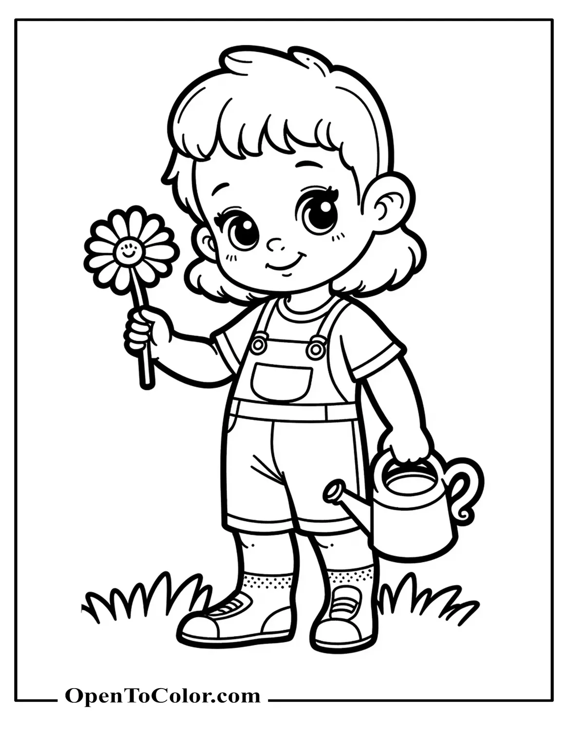 Free Coloring Page: Toddler Holding a Daisy in One Hand and Watering Can in the Other
