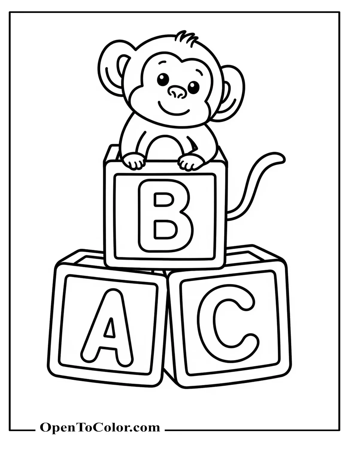 Free Coloring Sheet: Preschool Monkey Stacking Alphabet Blocks with Letters A B C