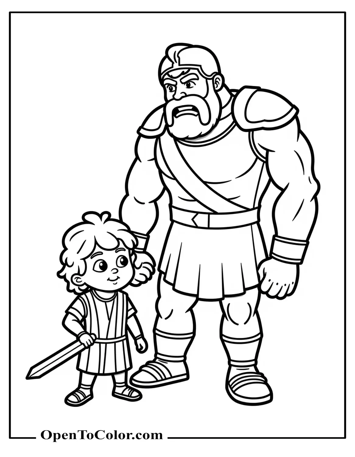 Preschool Chibi Coloring Page: Tiny Wide-Eyed David In Striped Tunic With Sling; Oversized Chibi Goliath In Simplified Armor Scowling, Minimal Background, Printable
