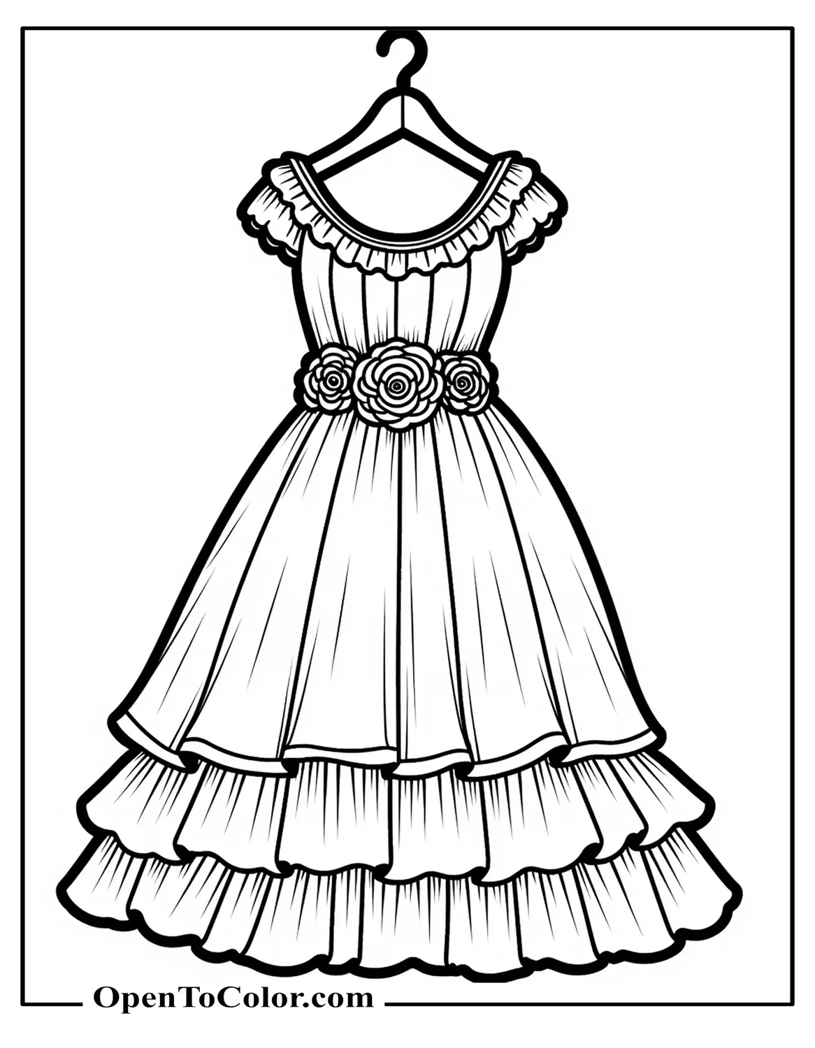 Ruffle Dress With Floral Belt On Wooden Hanger, Crisp Line Drawing, Coloring Sheet PDF