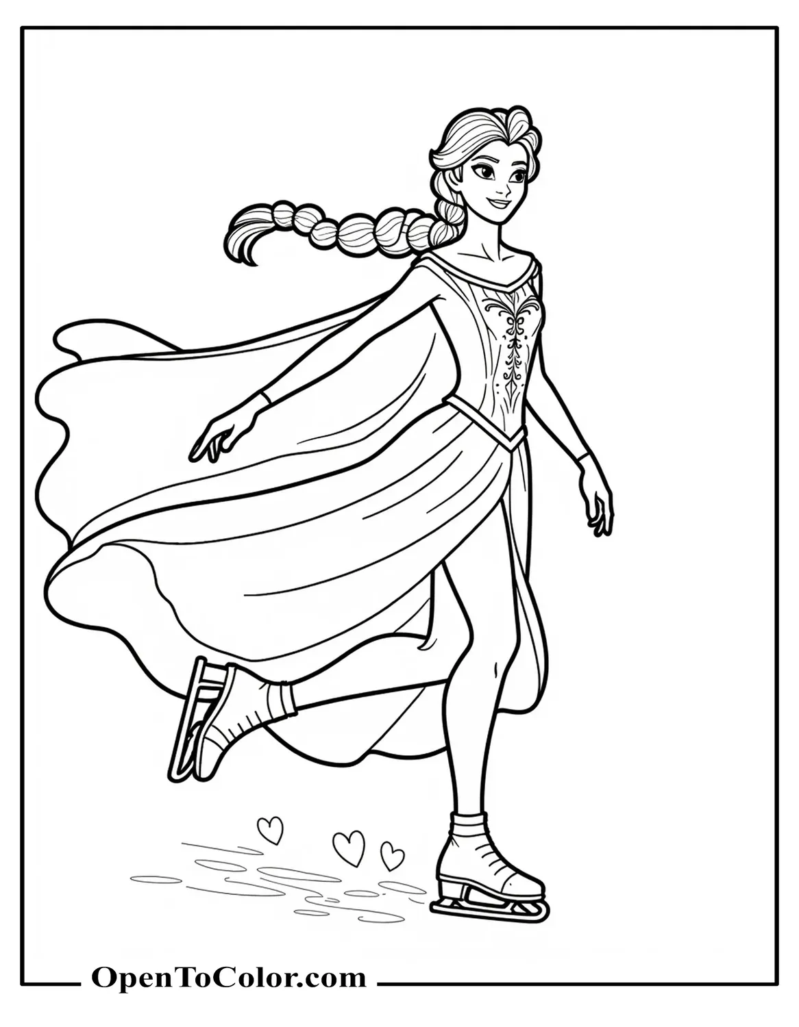 Elsa ice skating gracefully, leaving frost-trail hearts behind, coloring sheet PDF.