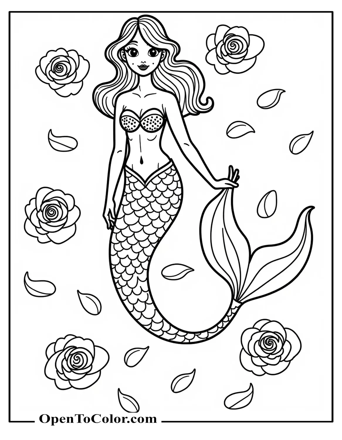 Pretty Mermaid Surrounded By Floating Roses Coloring Sheet PDF