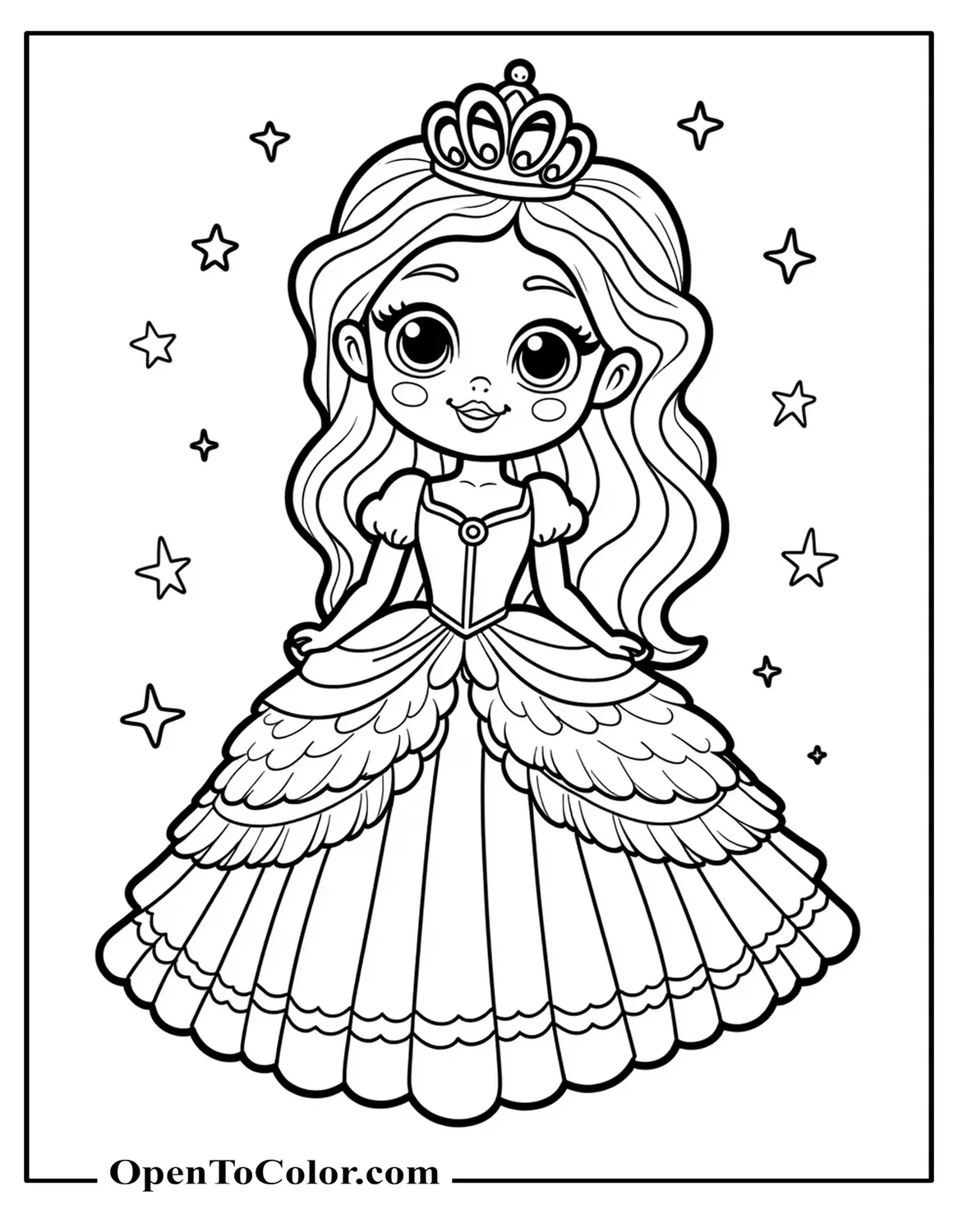 Printable Coloring Page of Princess with Ruffled Gown and Tiara Surrounded by Sparkles and Jewelry Box