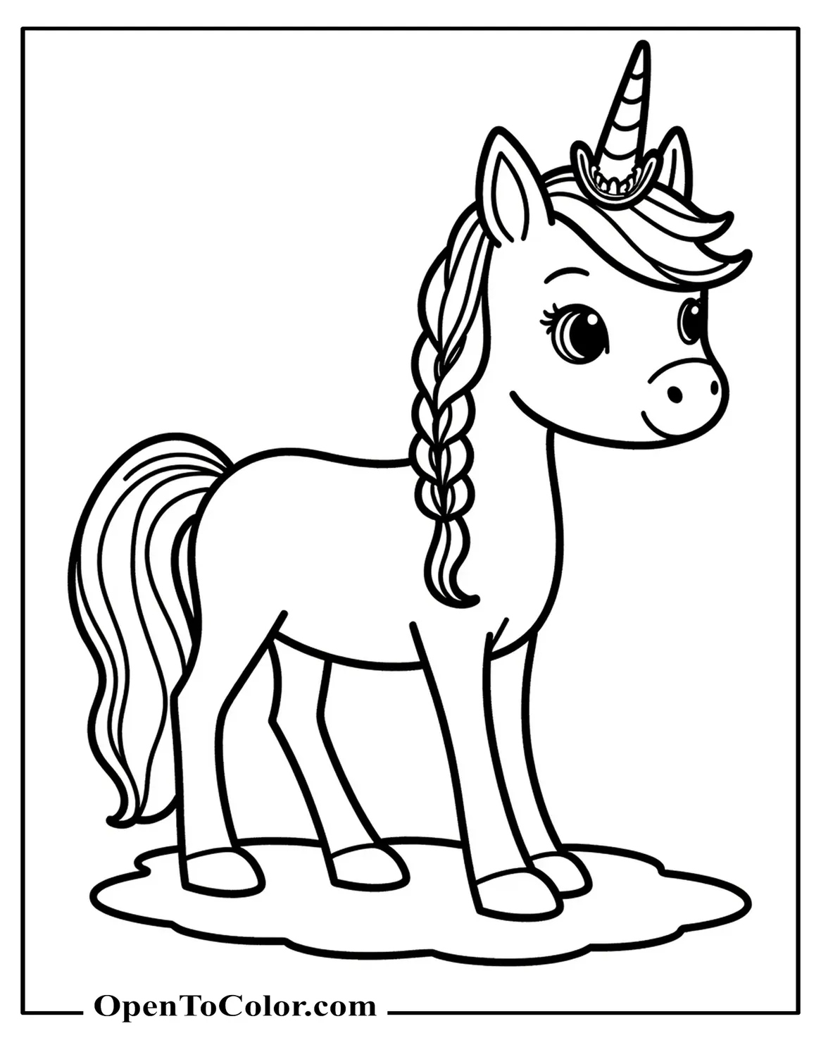 Free Coloring Sheet: Unicorn with Tiara and Braids