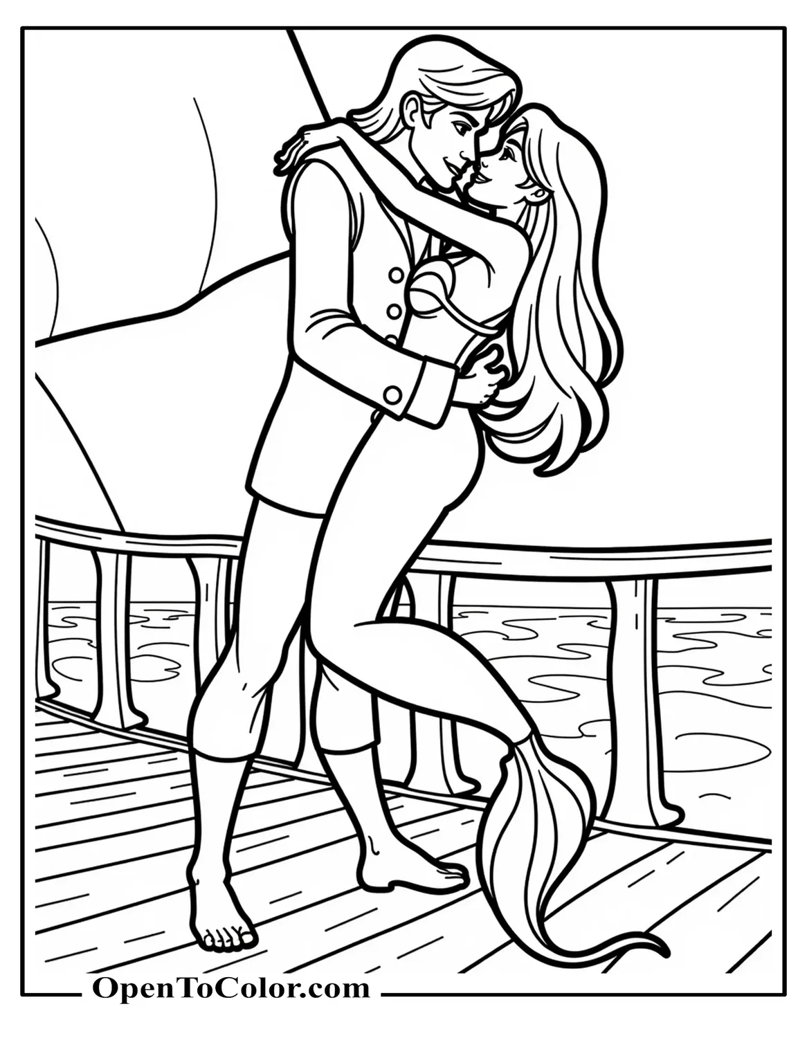 Free Coloring Sheet of Prince Eric Lifting Mermaid Ariel Onto the Ship’s Deck in a Dynamic Romantic Embrace