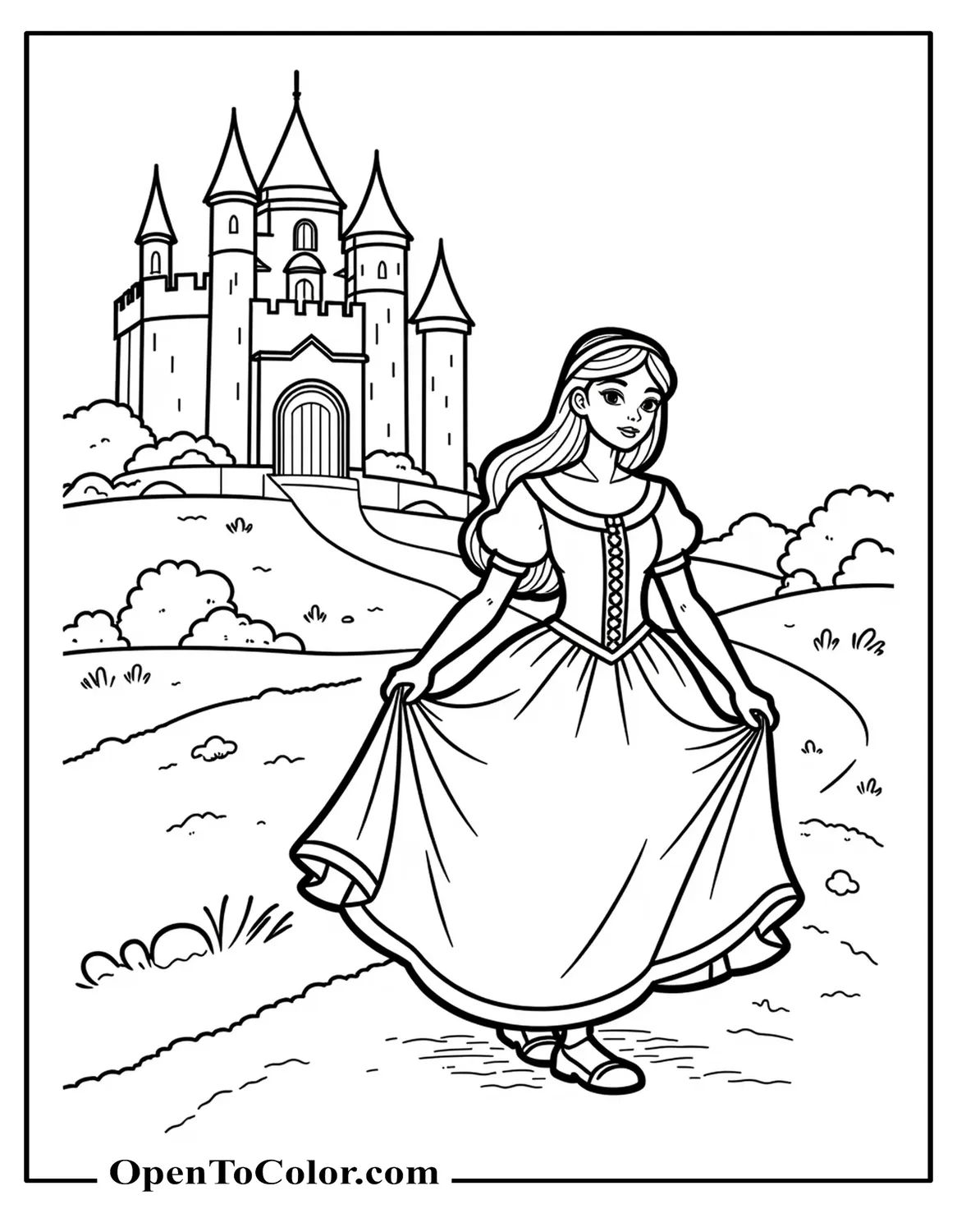 Free Coloring Sheet of a Princess Holding Her Skirt in Both Hands Walking Toward a Large Stone Castle