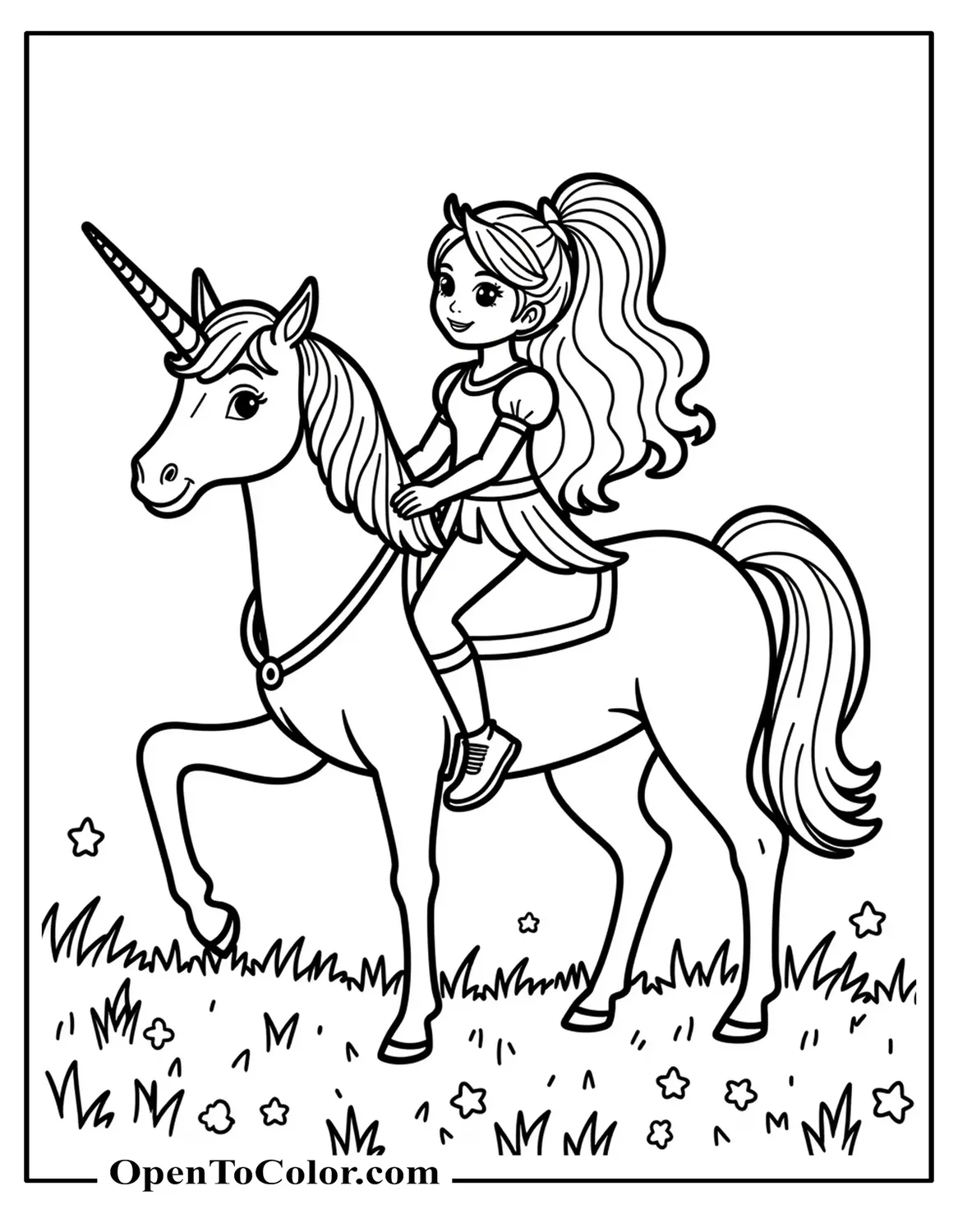 Printable Coloring Sheet of a Princess Hugging Unicorn in a Flower Garden