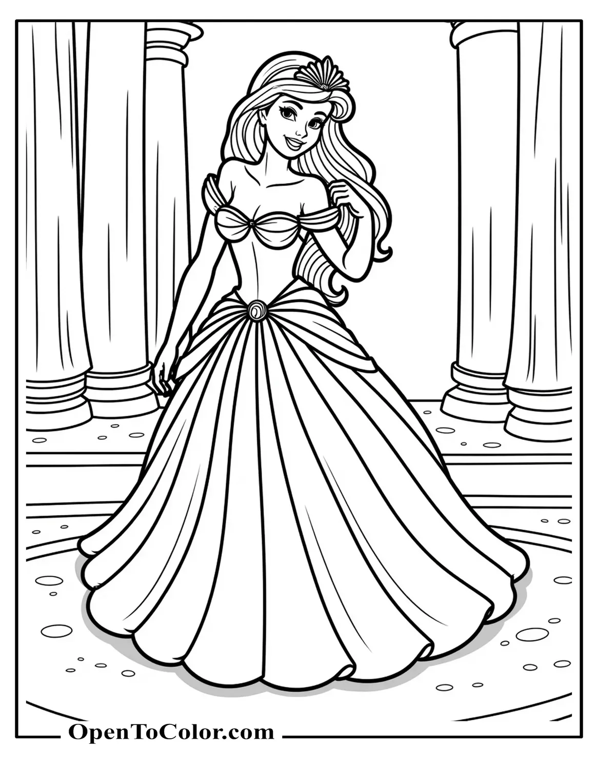 Princess Mermaid Ariel Curtsying In A Grand Under-Sea Ballroom, Wearing A Seashell Tiara And Layered Gown, Coloring Sheet PDF
