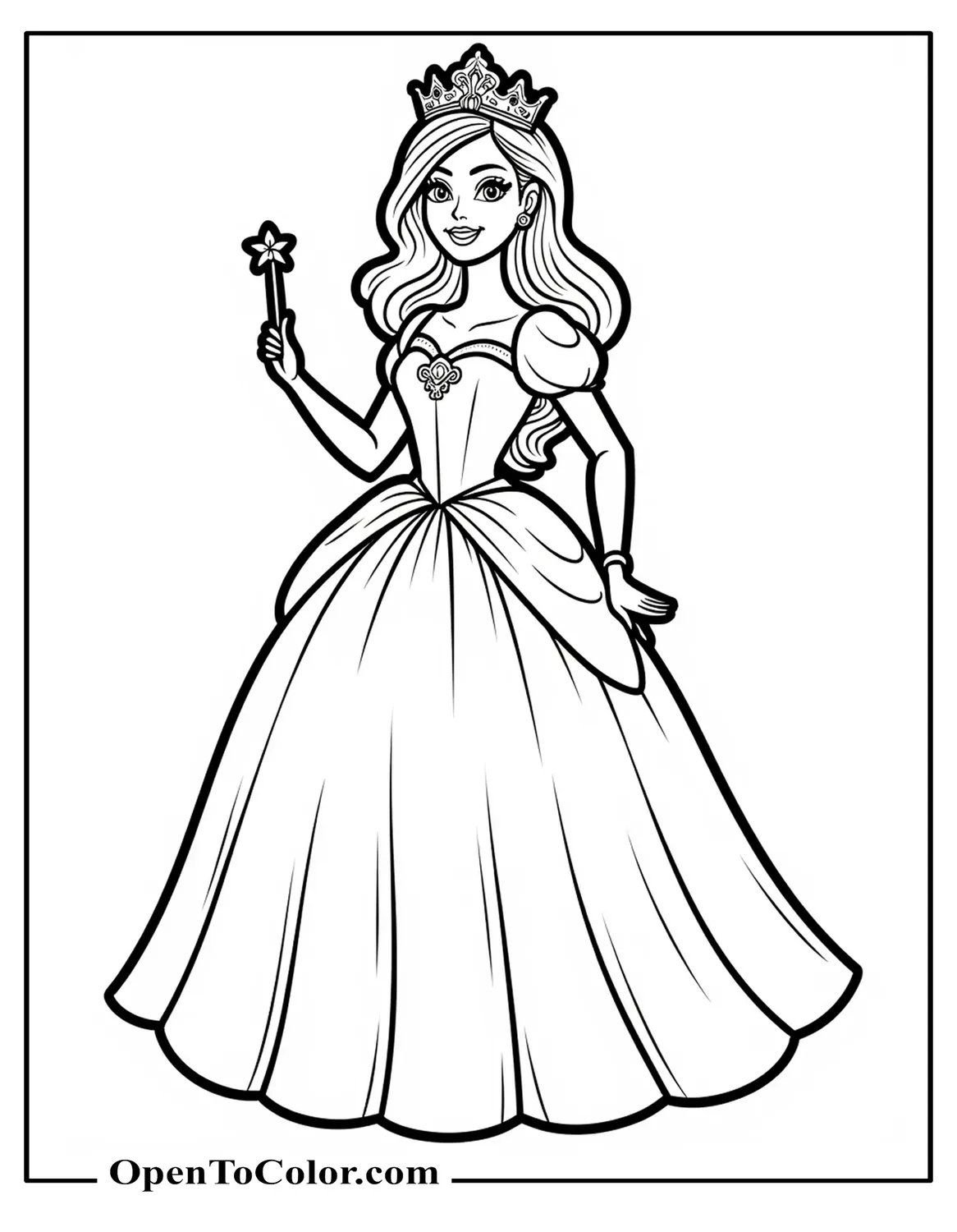 Free Coloring Page of Princess Barbie Holding a Wand and Wearing a Tiara