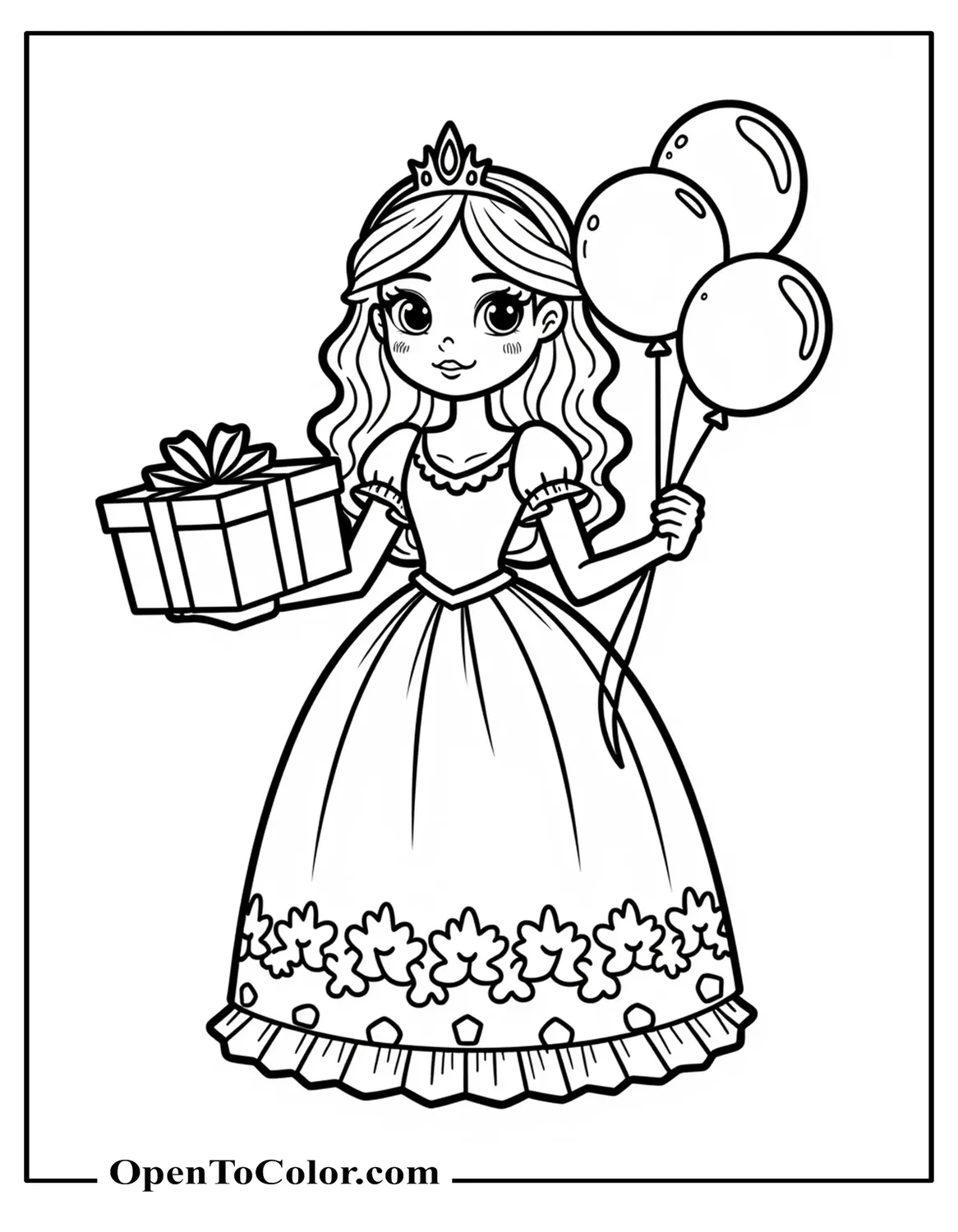 Free Coloring Page of Princess Blowing Out Candles on Birthday Cake While Wearing a Party Crown