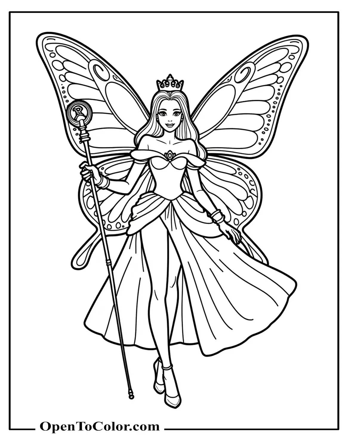Free Coloring Sheet of Princess with Oversized Butterfly Wings Wearing a Crown and Holding a Royal Scepter