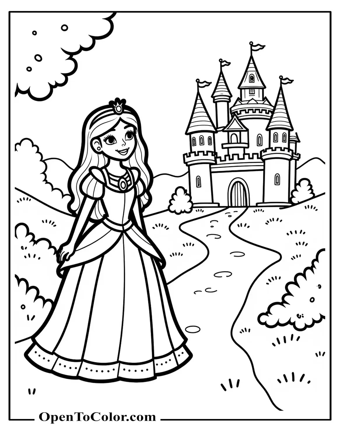 Princess standing beside a castle with flag-topped towers and garden path coloring sheet PDF