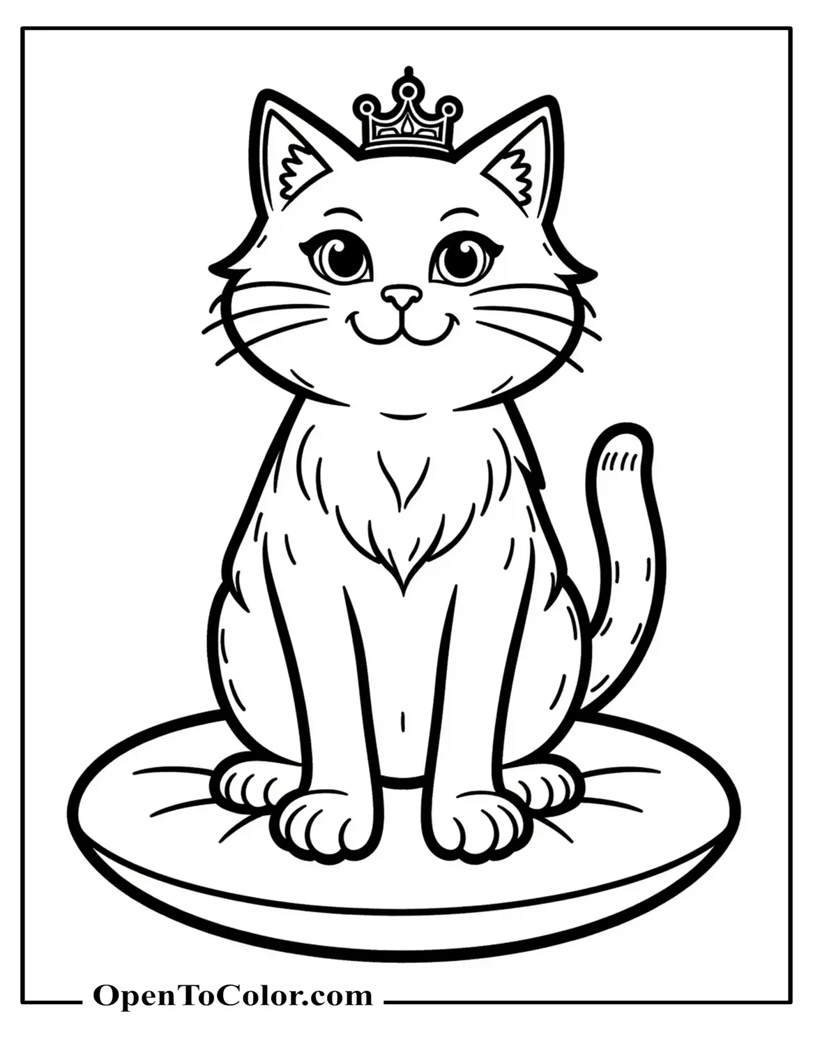 A playful cat wearing a tiara and sitting on a velvet cushion coloring page PDF.