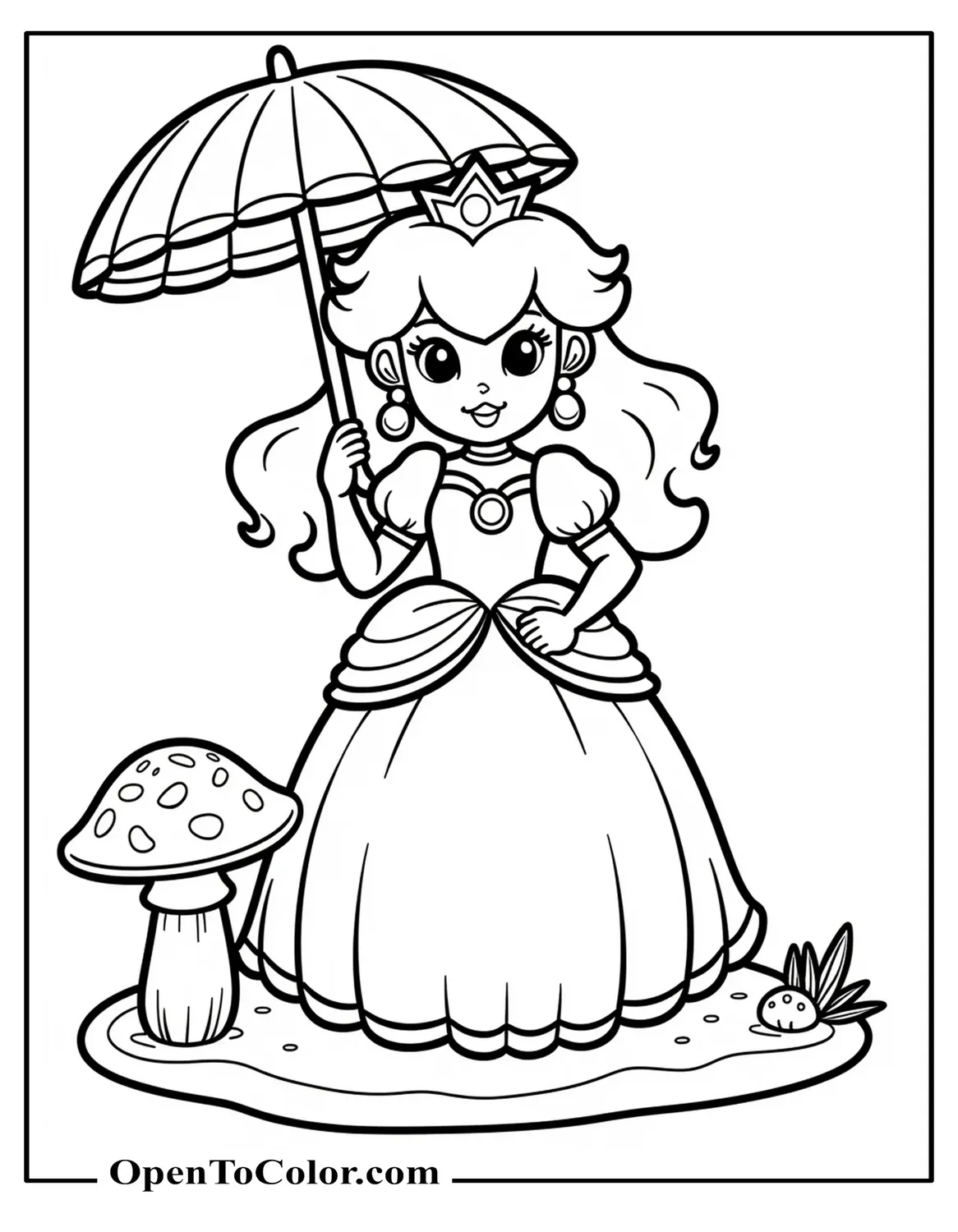 Princess Peach Coloring Sheet PDF With Round Earrings, Big Crown, And Holding A Parasol Near A Mushroom