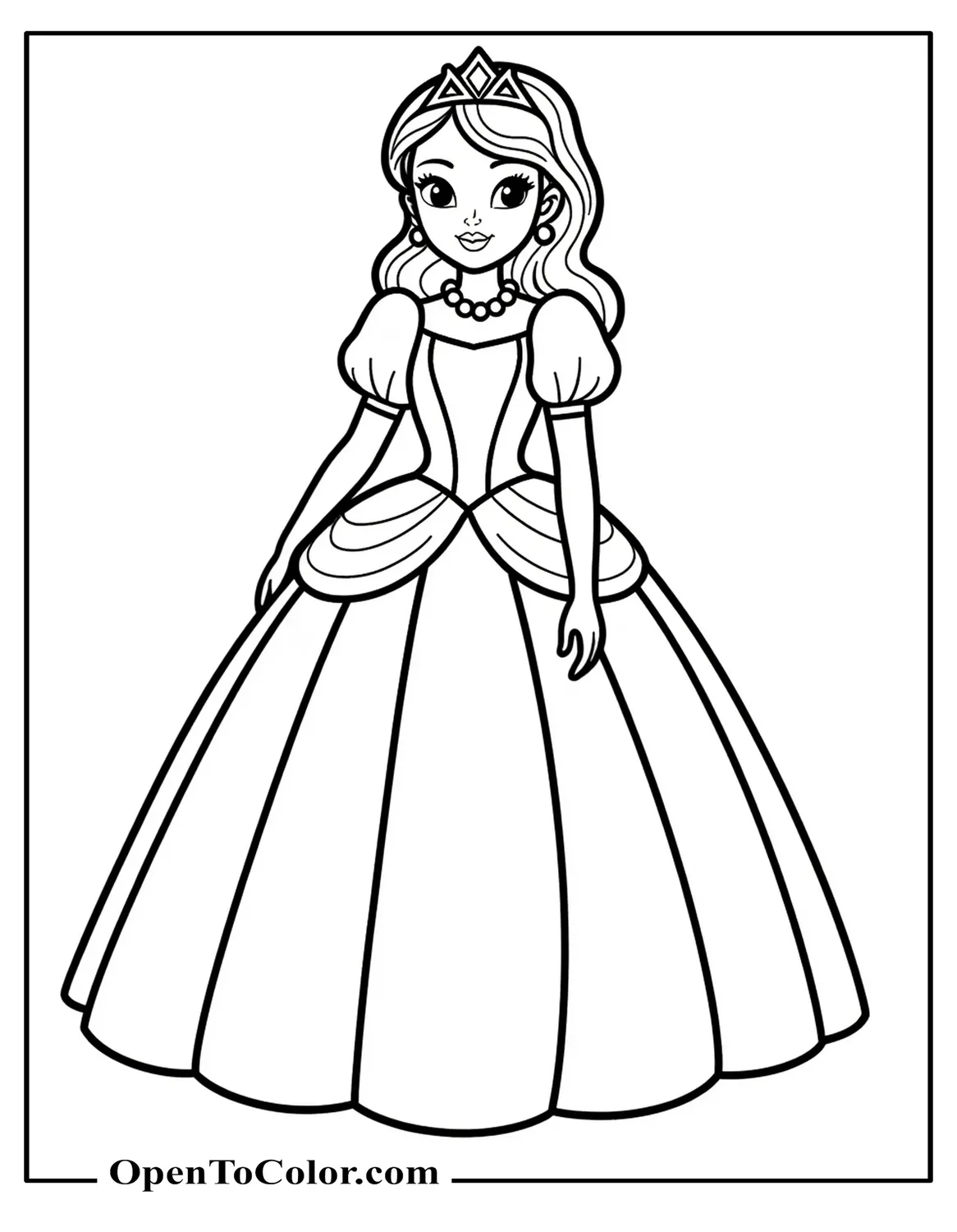 Princess Wearing A Ball Gown With Puffed Sleeves And Pearl Necklace Coloring Page PDF