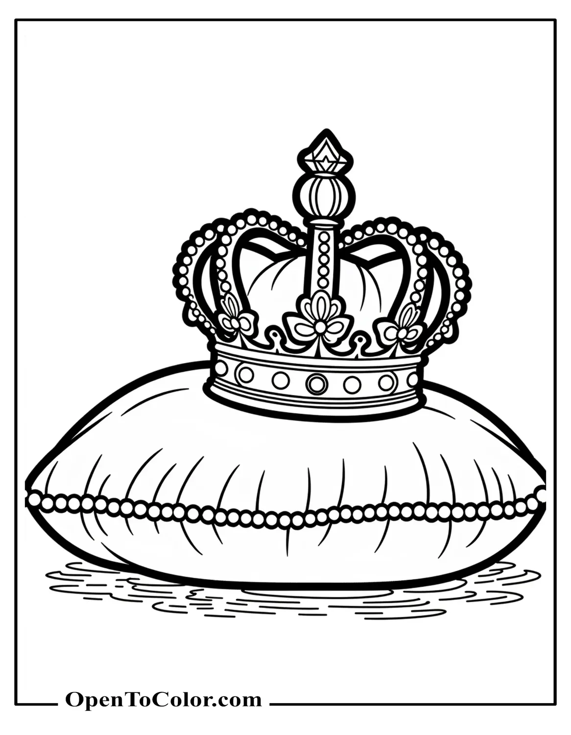 A Royal Crown With Diamonds And Pearls Resting On A Velvet Pillow Coloring Page PDF