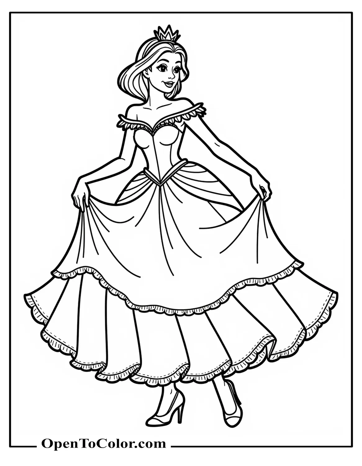 Princess gown coloring sheet PDF with flowing train and tiara on a beautiful girl, clear outline drawing, no shadows