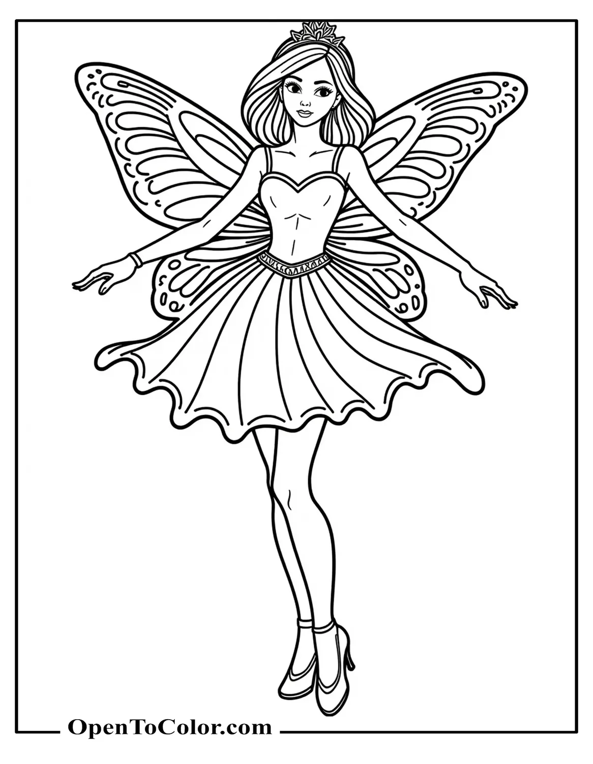 Princess with butterfly wings, floral dress, and flower-shaped wand flying in garden coloring page PDF