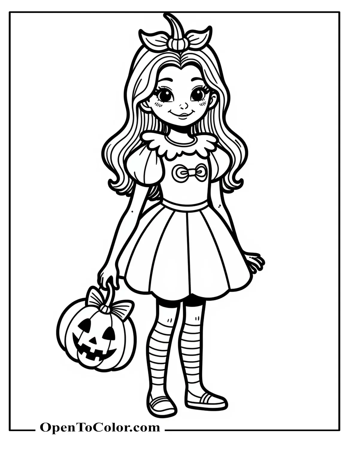 Princess In Pumpkin Costume With Striped Socks Holding Trick-Or-Treat Bag Coloring Sheet Printable