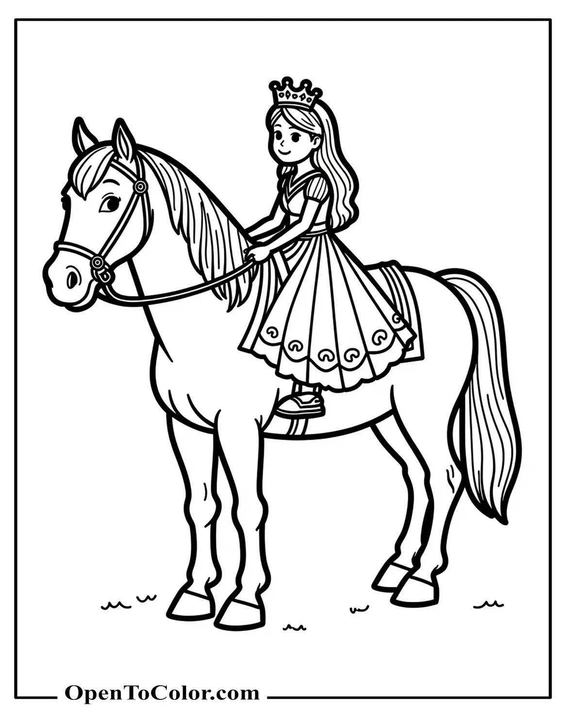 Princess Leading Royal Horse With Crown Saddle Blanket Coloring Page Printable