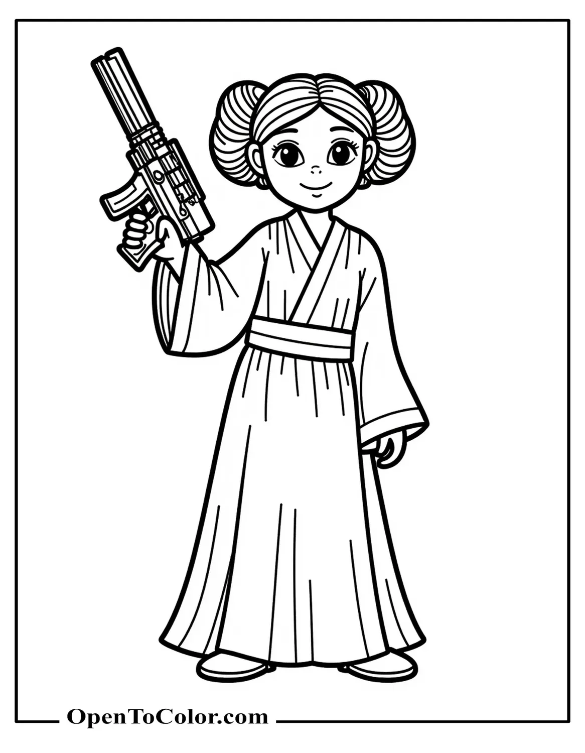 Free Princess Leia Coloring Page with Iconic Double Buns, White Robe, and Holding a Blaster