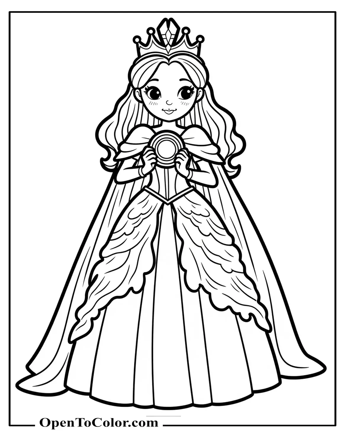 Free Coloring Sheet: Princess with Layered Royal Cape, Wearing a Glowing Medallion