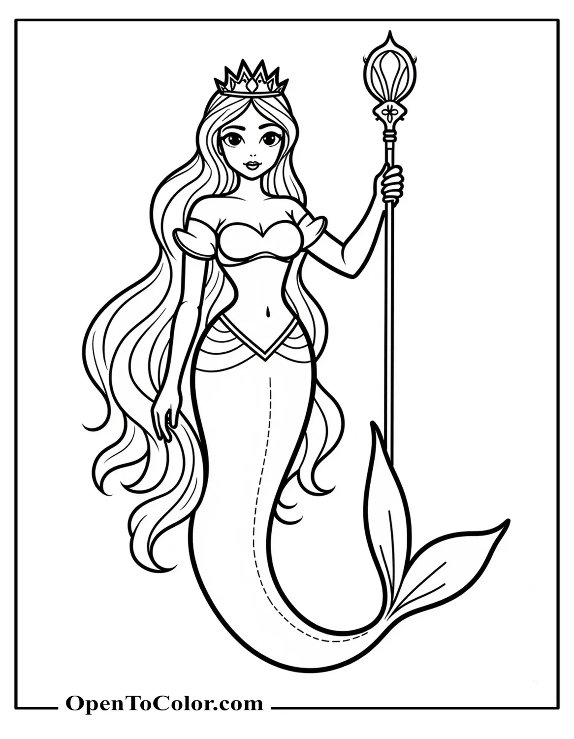A Printable Coloring Page of a Mermaid Princess with Flowing Hair, Tiara, and Sitting on a Rock Under the Sea