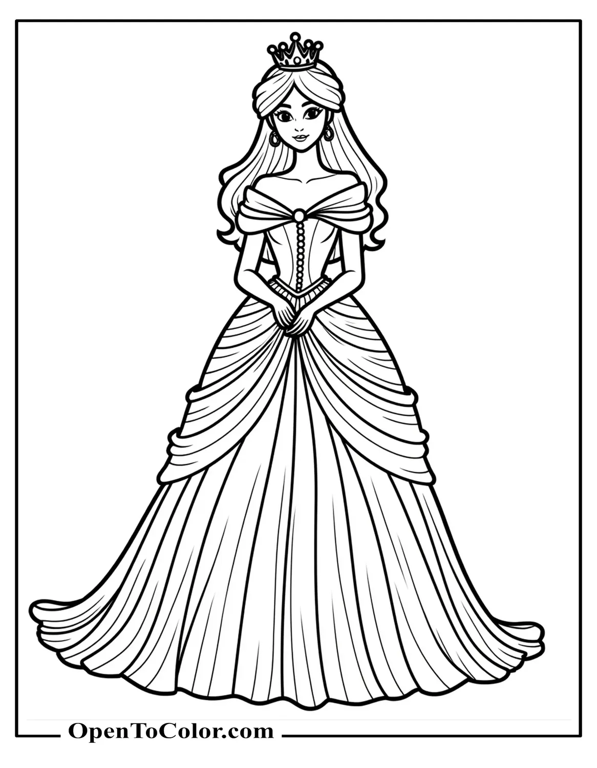 Free Coloring Page of Royal Wedding Gown Inspired by Princess Peach, Bold Outlines