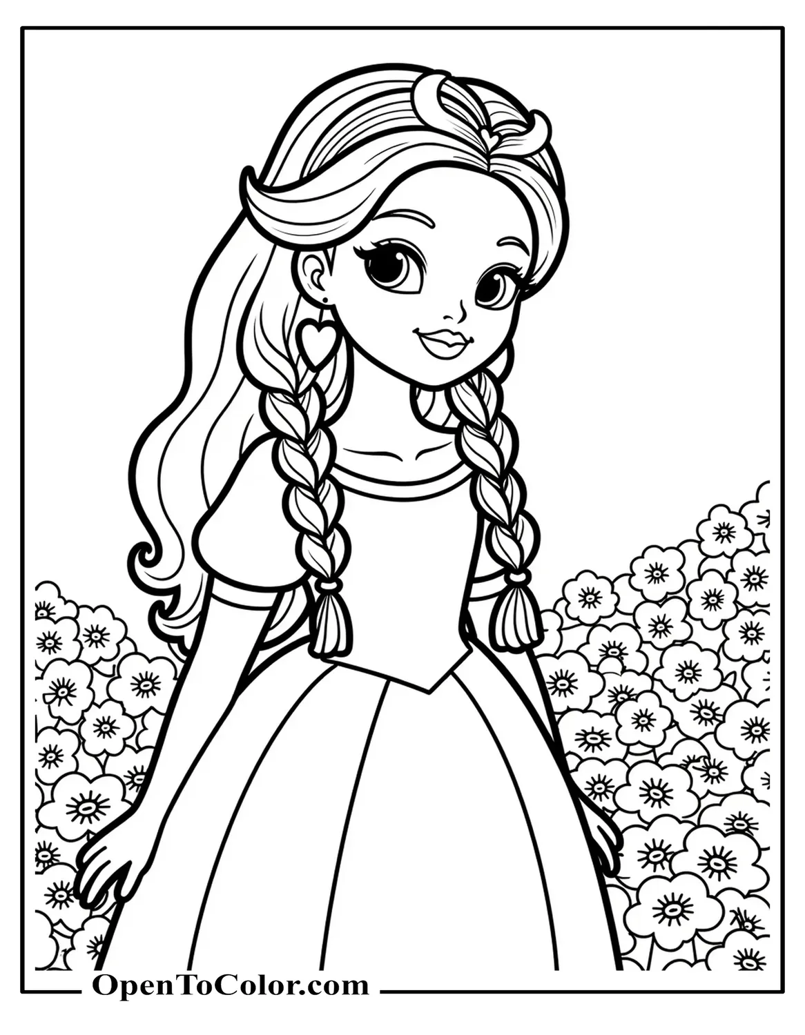 Printable Coloring Page of Princess with Braided Hair and Heart-Shaped Earrings Standing Beside a Flower Bush