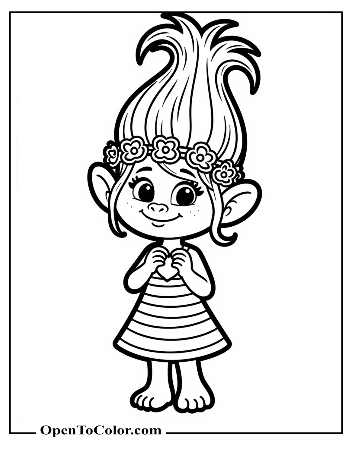 Coloring page of Troll-Princess Poppy from the Trolls anime, with fluffy hair, flower crown, and striped dress holding a heart, printable.
