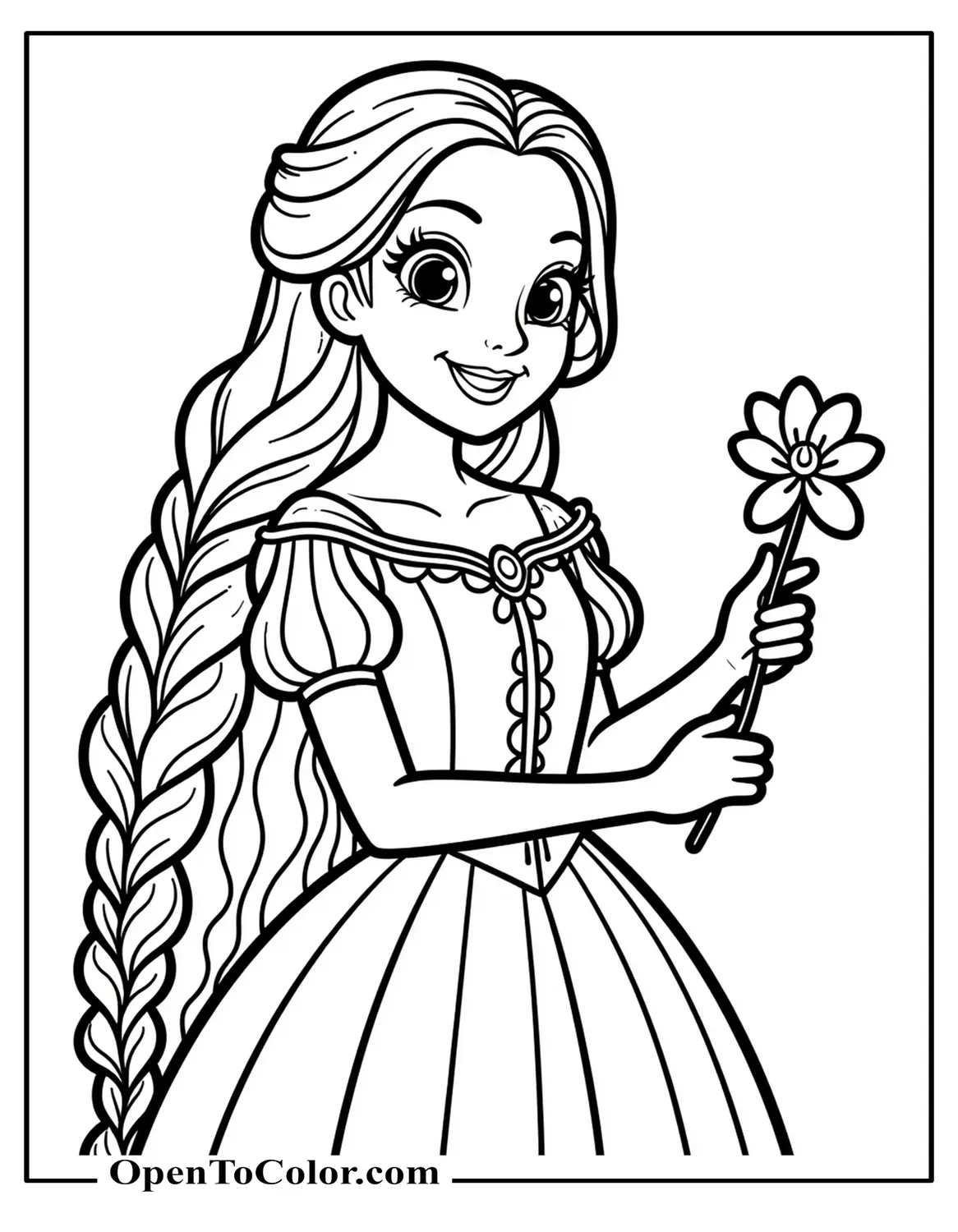 Free Coloring Page of Princess Rapunzel with Extra-Long Braided Hair, Holding a Flower and Smiling